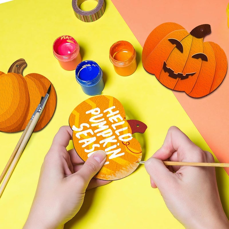Sophena Wooden Pumpkins Ornaments to Paint Halloween Thanksgiving Decoration Cutouts Unfinished 24PCS 3.5 x 3 inches, DIY Blank Unfinished Pumpkin Wood Discs Ornament for Home Harvest Crafts Hanging Autumn De - Image 3